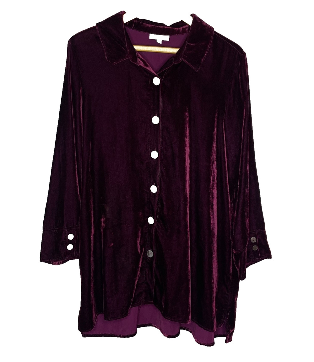 Women's Large Habitat Burgundy Velvet Button Down Oversized Shirt Viscose